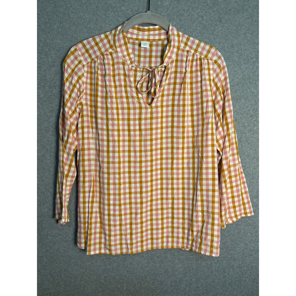 Old Navy Women's Gingham‎ Tie Neck Blouse Pink Mustard Plaid Boho Top XS